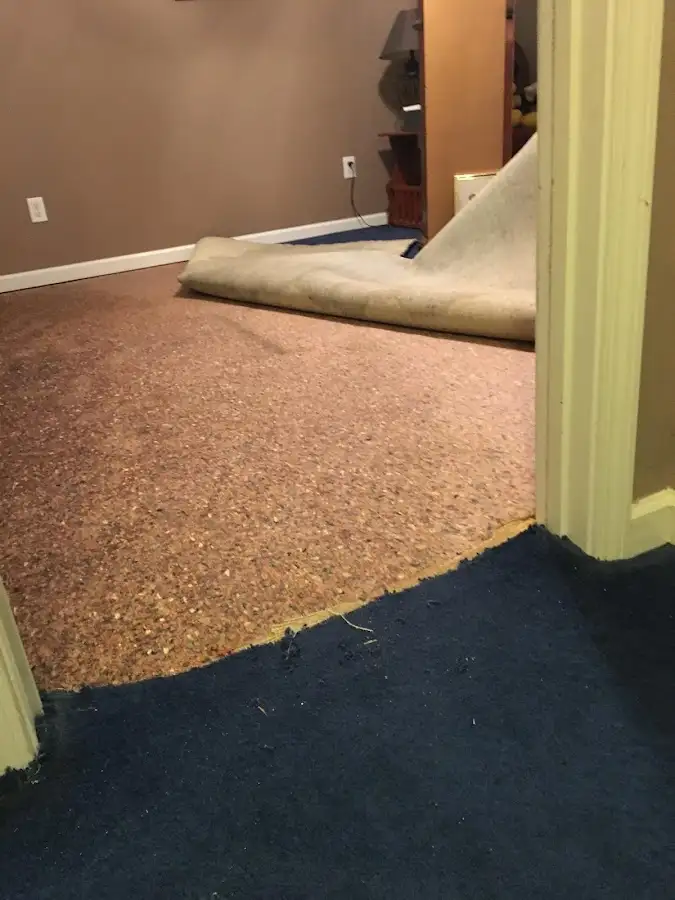 Carpet pad removal revealing water damage during Water Mitigation Services in Katy